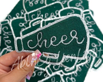 Silver Glitter Cheer Megaphone Patch: Green Game Day Iron-On
