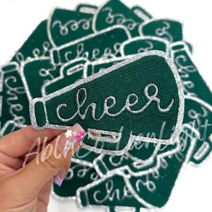 Silver Glitter Cheer Megaphone Patch: Green Game Day Iron-On