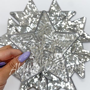 silver star patch, sequin star patch, big star patch, iron on patch, trucker hat patches, jean jacket patches, book bag patch, preppy patch