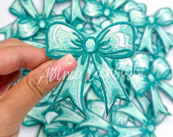 Turquoise Bow Patch: Embroidered Iron-On Applique (2.5”)
