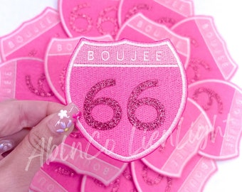 Boujee Route 66 Patch: Pink Glitter Iron-On Applique