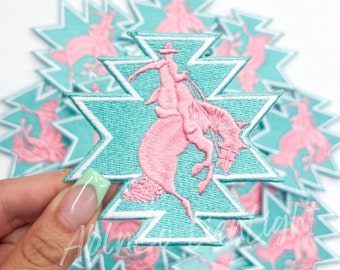 Bucking Horse Patch: Turquoise Cowboy Rider Iron-On Applique