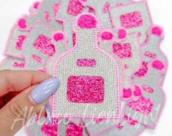 Pink Tequila Bottle Patch: Chenille & Sequin Iron-On Patch
