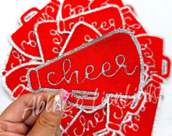 Silver Glitter Cheer Megaphone Patch: Red Iron-On Applique