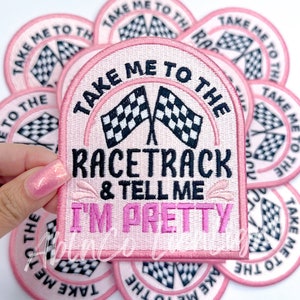 racetrack patch, tell me im pretty patch, trucker hat patch, checkered flag patch, racing patch, retro patch, motor sports, race flag patch