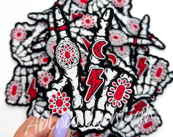 Red Skeleton Hand Iron On Patch: Western Rodeo Trucker Hat Applique