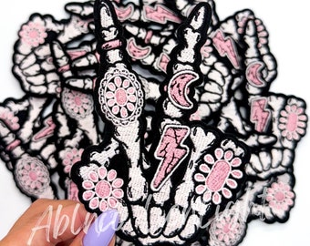 Pink Skeleton Hand Patch: Chenille Iron-On Applique (3.5”)