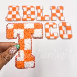 orange checkered letter patch, chenille letters, letters iron on patch, varsity letter patch, trucker hat patch, game day patch, retro patch