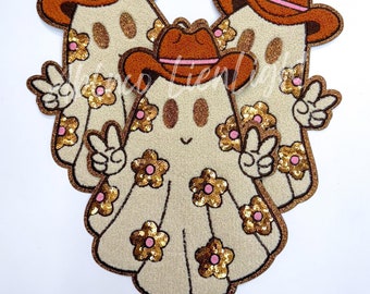 Floral Cowboy Ghost Patch: Chenille Iron-On Applique (10x7.5")