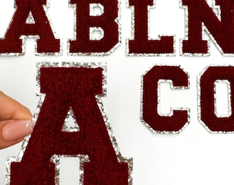 Maroon Chenille Letter Patch: Silver Glitter Varsity Iron-On