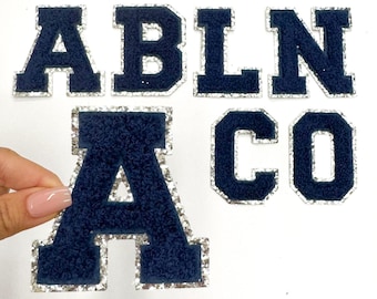 Navy Chenille Letter Patch: Silver Glitter Varsity Iron-On