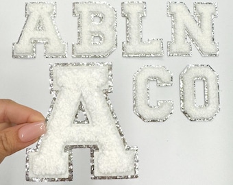 white chenille letter patches, Silver glitter chenille letters, letter iron on patch, letter patch, varsity letter, fuzzy patch, DIY patch