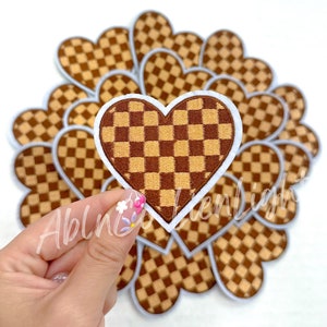 brown checkered heart patch, checkered patch, heart patch, preppy patch, western patch, retro patch, trucker hat patches, iron on patch