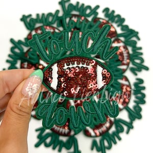 Green Touchdown Football Patch: Chenille & Sequin Game Day Applique