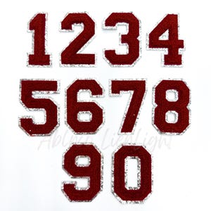 May include: Ten iron-on patches with the numbers 1 through 10 in a red felt with a silver glitter outline. The patches are arranged in two rows of five.