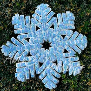 May include: A large, decorative snowflake with a textured, glittery appearance. The snowflake features a mix of light blue and white hues, with a star-shaped center. The snowflake is set against a backdrop of green foliage.