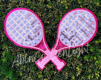 Sequin Tennis Racket Patch: Pink Chenille Iron-On Applique
