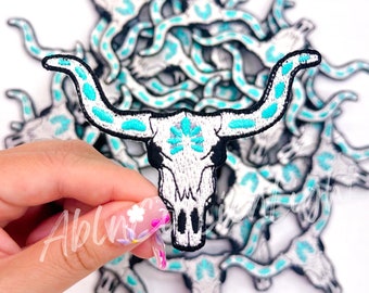 Cow Skull Patch: Turquoise Western Rodeo Iron-On Patch