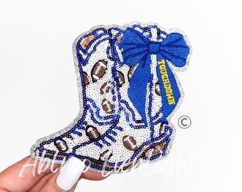 Football Boot Sequin Patch: Royal Blue Game Day Iron-On Applique (4"H x 4.25"W)