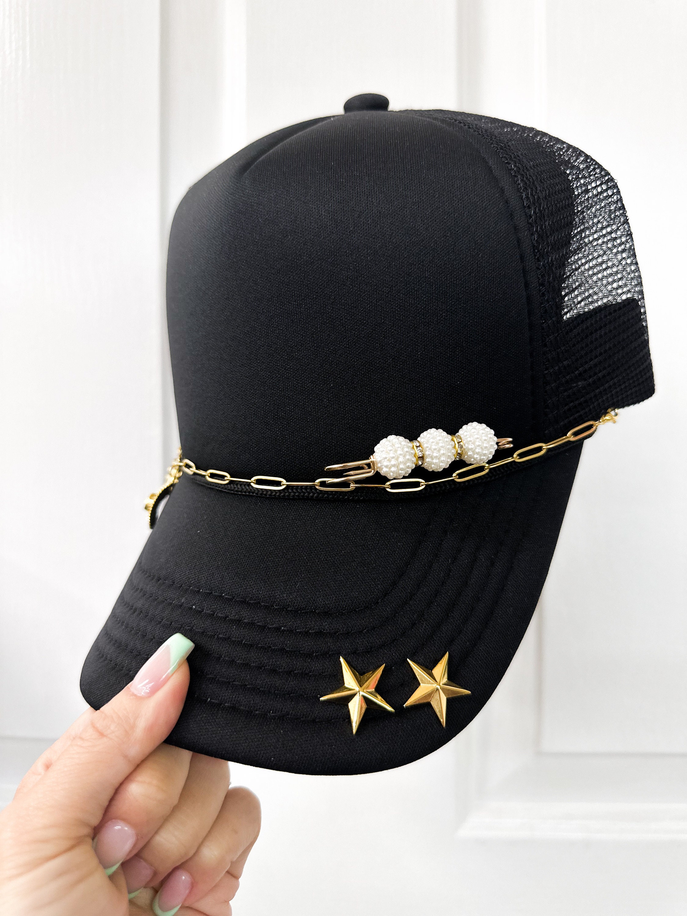 Pink Gold Star Sequin Bear Trucker Hat Cap with Gold Star Rhinestone Chain Limited Edition Pink Patch Hat - Sunny Belle main image 4