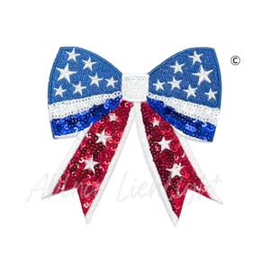 Patriotic Sequin Bow Patch, Iron On Applique, Red White Blue Stars (3'')