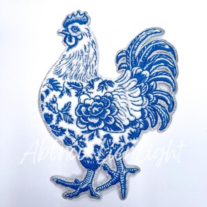Floral Chicken Chenille Patch: Chinoiserie Iron On Applique (10.75'')