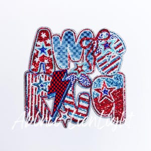 May include: A red, white, and blue sequined patch that says "AMERICA" with a lightning bolt and stars.