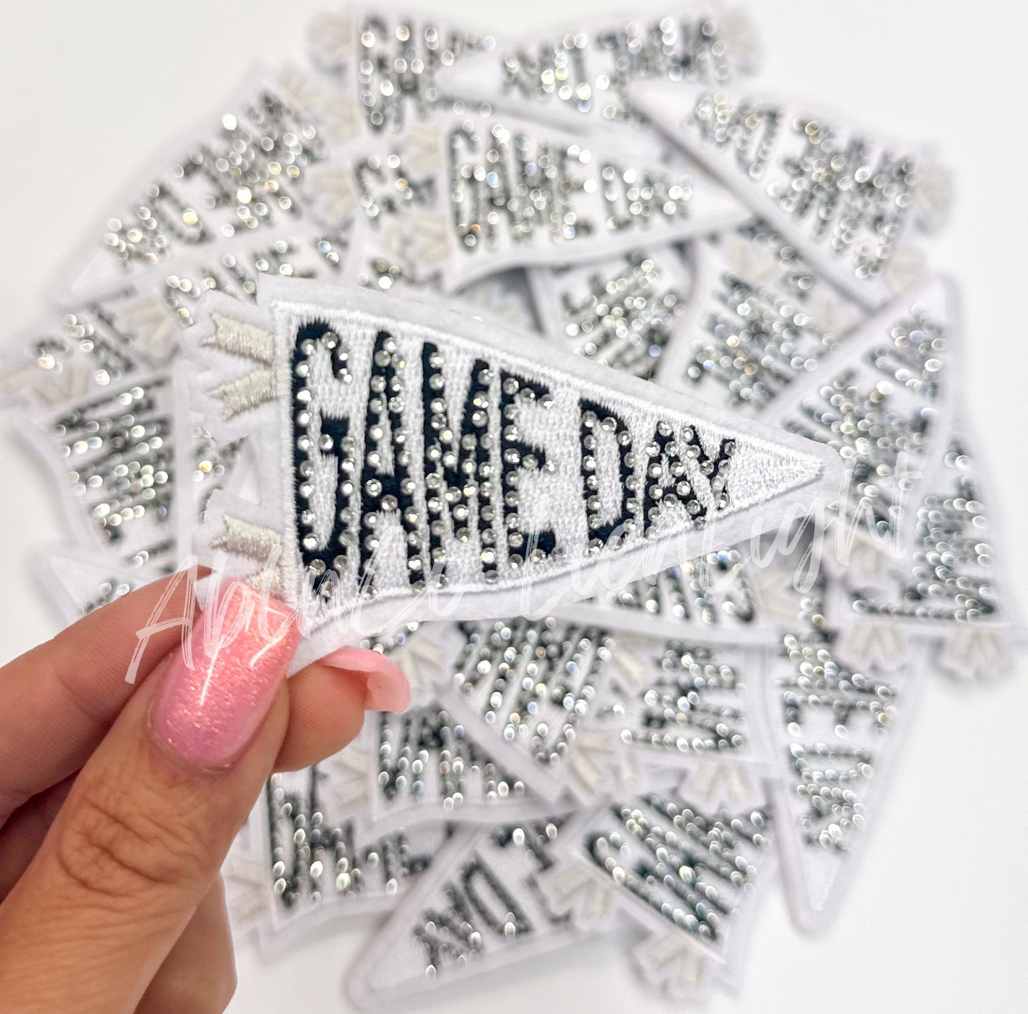 game day patch, rhinestone patch, white flag patch, pennant flag patch, trucker hat patches, preppy patch, football baseball cheer patches