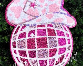 Disco cowgirl patch, disco ball Chenille patch, large chenille patch iron on, sequin patch, preppy pink patch, trendy, western, rodeo, diy
