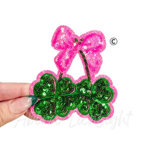 Sequin Shamrock Patch with Pink Bow - Iron On Applique - St. Patrick’s Day Patch