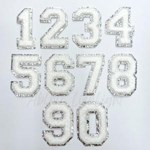 white chenille numbers, silver glitter number patch, number iron on patch, fuzzy patch, baseball number patches, game day patch, DIY Patch