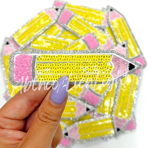 Sequin Pencil Patch: Teacher Iron-On Embroidery Patch (4” x 1.2”)