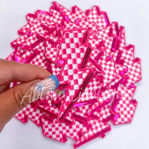 hot pink checkered patch, checkered lightning bolt patch, retro patch, sequin patch, filler patch, trucker hat patch, embroidery patch, ABLN