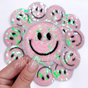 happy face patch, glitter face patch, sequins glitter patch, iron on patch, preppy patch, western patch, trendy patch, trucker hat patches