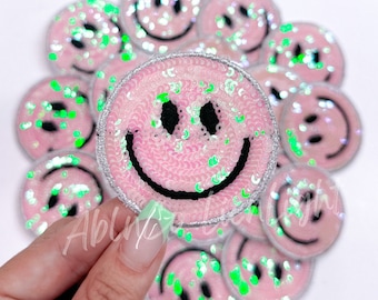 smiley face patch, pink smiley patch, sequins glitter patch, iron on patch, preppy patch, western patch, trendy patch, trucker hat patches