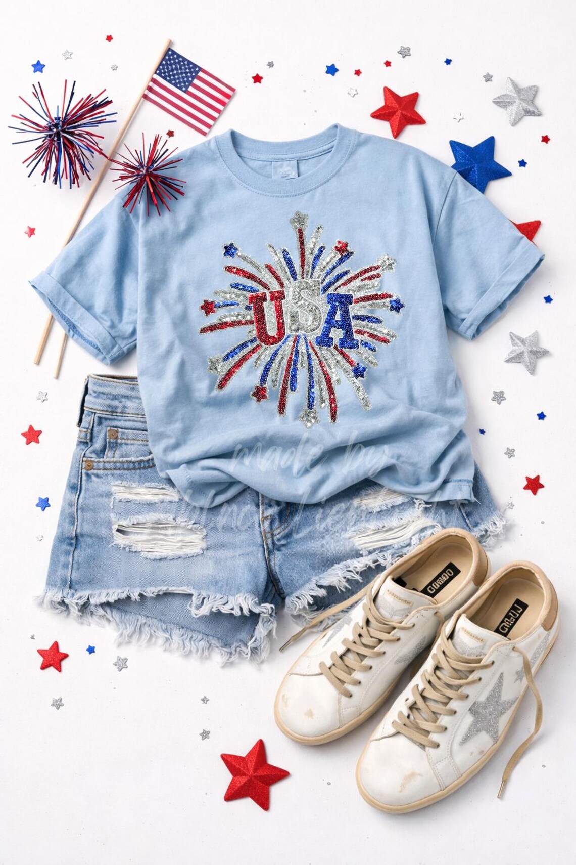 USA Firework Sequin Patch, 4th July Applique, Red White Blue Iron on ...