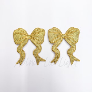 side bow patch, bow patch, gold bow, glitter bow patch, bow appliqué patch, coquette patch, trendy patch, sweatshirt bow, iron on patch, DIY