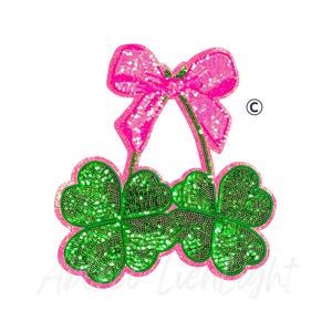 Sequin Shamrock Patch: Pink Bow, St Patricks Day Large Iron-On Patch