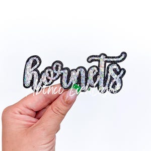 May include: A black and silver sequined "Hornets" patch. The word "Hornets" is written in a cursive font with silver sequins, outlined in black. The patch is held against a white background.