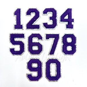 May include: Purple iron-on numbers 1 through 9 and 0 with a silver glitter outline. The numbers are in a classic varsity style font.
