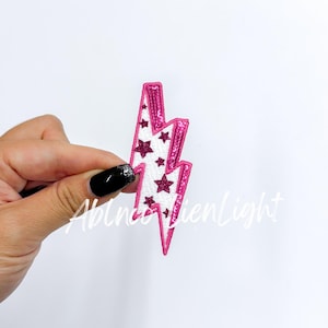 hot pink lightning bolt patch, star patch, bolt patch, retro patch, sequin patch, filler patch, trucker hat patch, embroidery patch, Ablnco