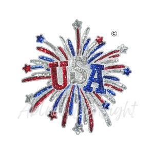 May include: A patriotic design featuring the word "USA" in red, white, and blue sequins, surrounded by a burst of fireworks. The design includes star-shaped accents and is set against a white background.