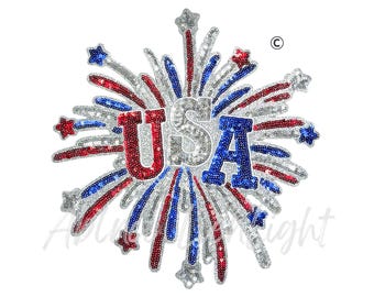USA Firework Sequin Patch, 4th July Applique, Red White Blue Iron On (10.8"H x 10"W)