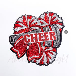 May include: Red and white sequined cheerleading pom poms with a silver and red sequined megaphone with the word "CHEER" in red letters.