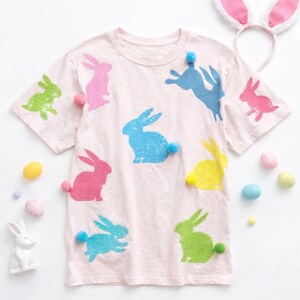 Easter Bunny T-Shirt, Colorful Appliqué Rabbits, Pom Pom Tails, Girls Holiday Top