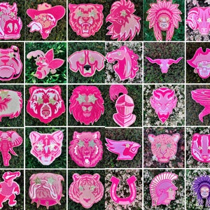 preppy mascots chenille patch, pink mascots patches, gold star glitter eyes patch, trendy patches, game day patches, tiger, bulldog, eagle