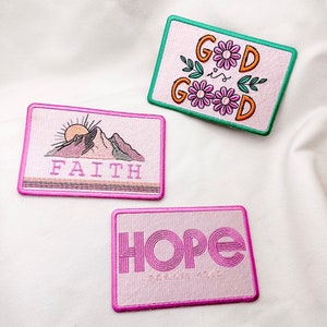 faith patches, god is good patch, hope patch, bible patch, preppy patch, patches for hat, trucker hat patches, patches for jackets, trendy