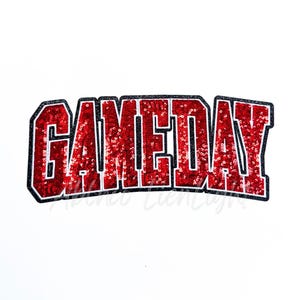 May include: A red sequined "GAMEDAY" patch with a black outline, set against a white background. The letters are bold and blocky, perfect for sports-themed apparel or accessories.