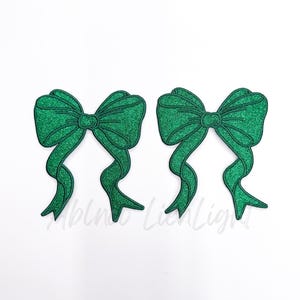 side bow patch, bow patch, green bow, glitter bow patch, bow appliqué patch, coquette patch, trendy patch, sweatshirt bow, DIY iron on patch