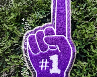 Game Day Chenille Patch: Purple Foam Finger, Iron On Applique (11")
